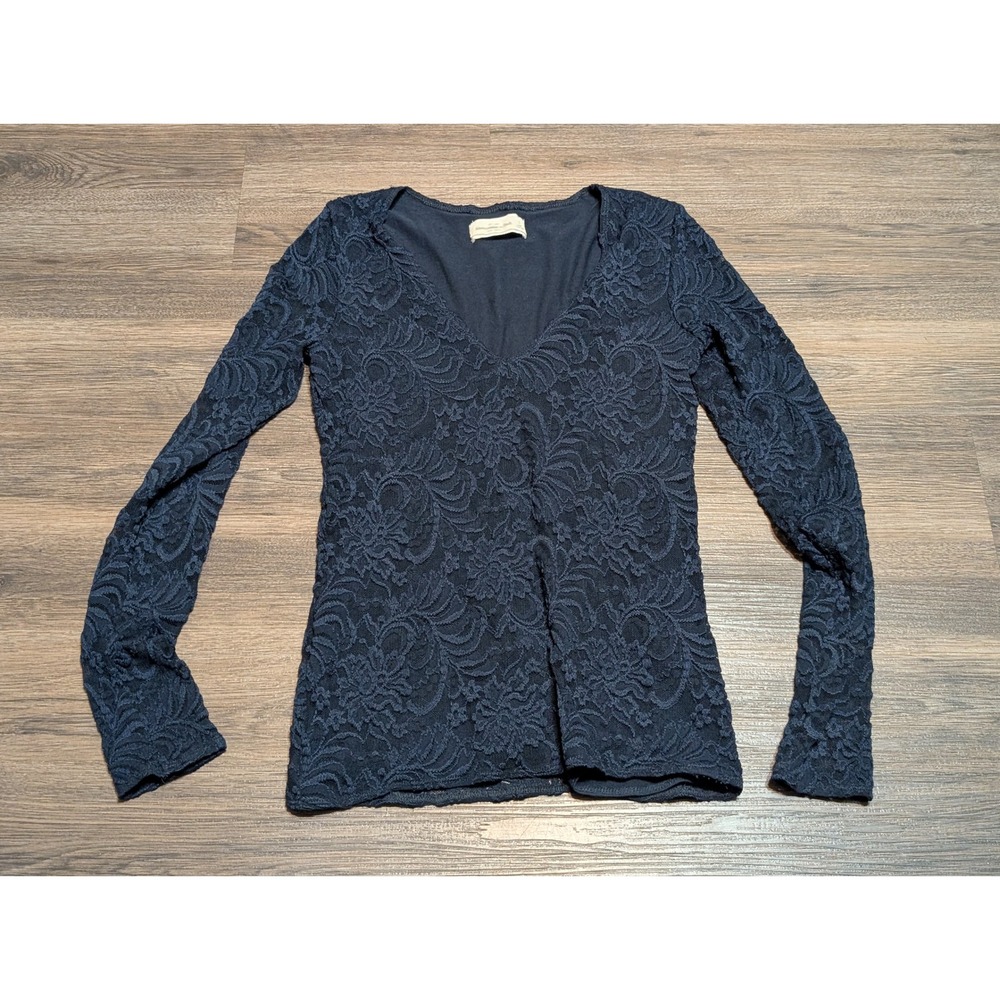 Abercrombie & Fitch Navy Blue Floral Lace V-Neck Long Sleeve Top Small Slim Fit